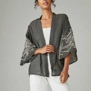 Lucky Brand Dark Gray Blouse with Intricate White Embroidery